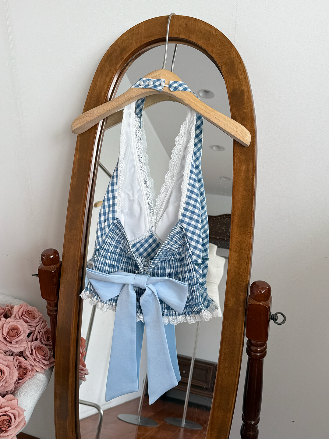 BEING NINETEEN BOW BACK CHECKS BLUE HALTERNECK TOP