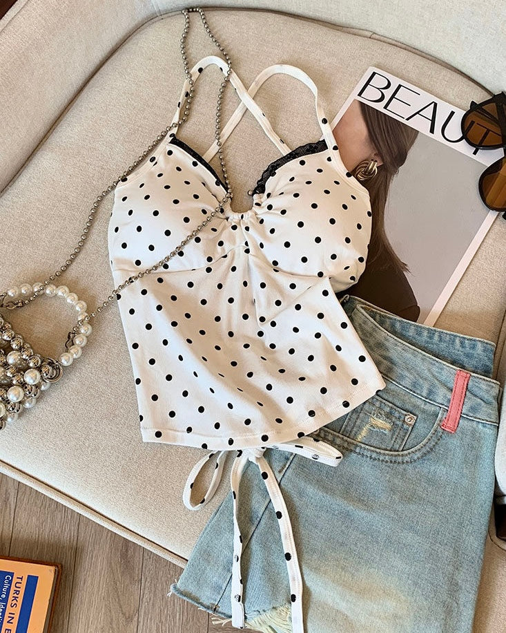 PALM SPRINGS PADDED CROSSBACK WHITE POLKA TOP