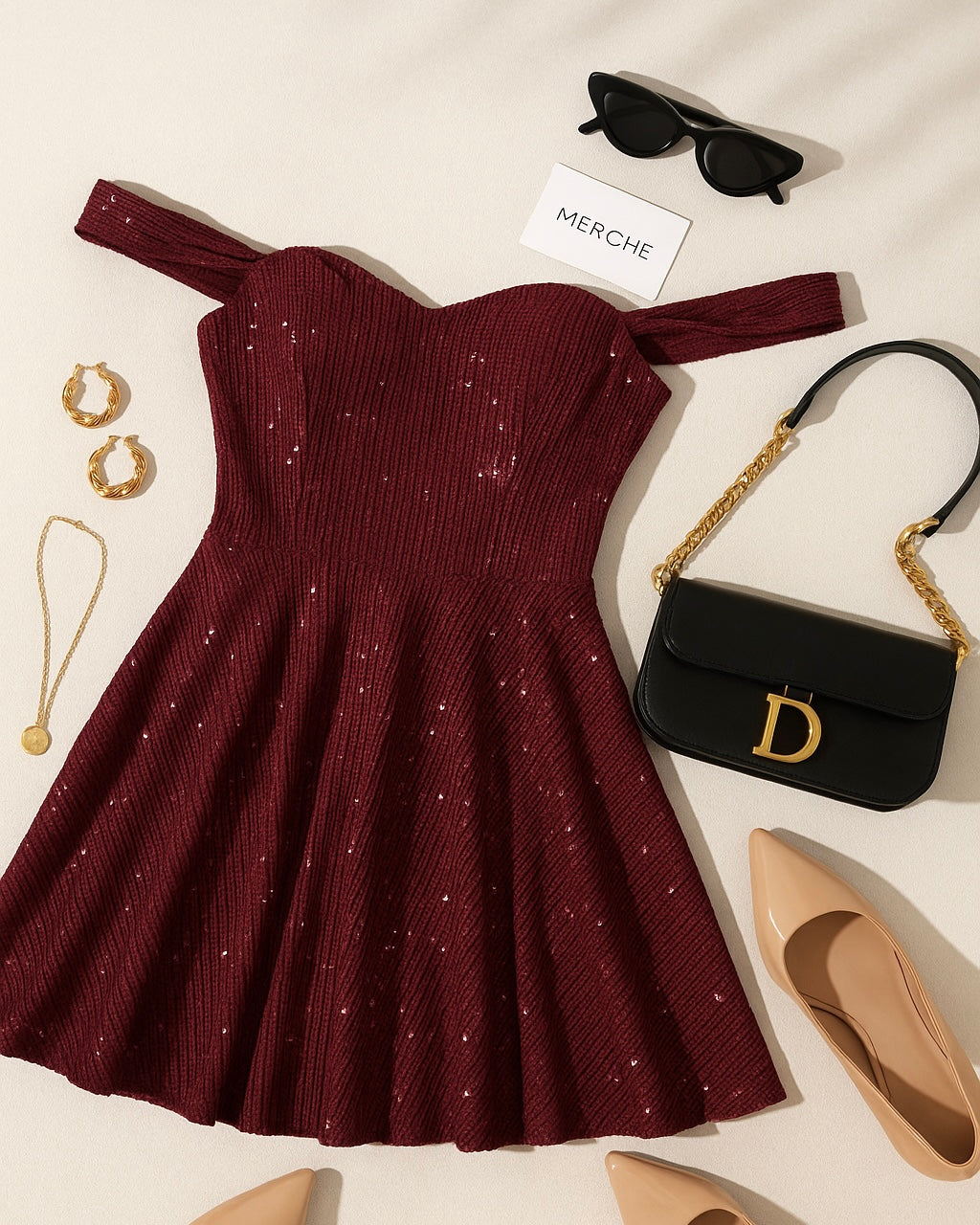 FESTIVE LIGHTS SEQUIN BARDOT DRESS