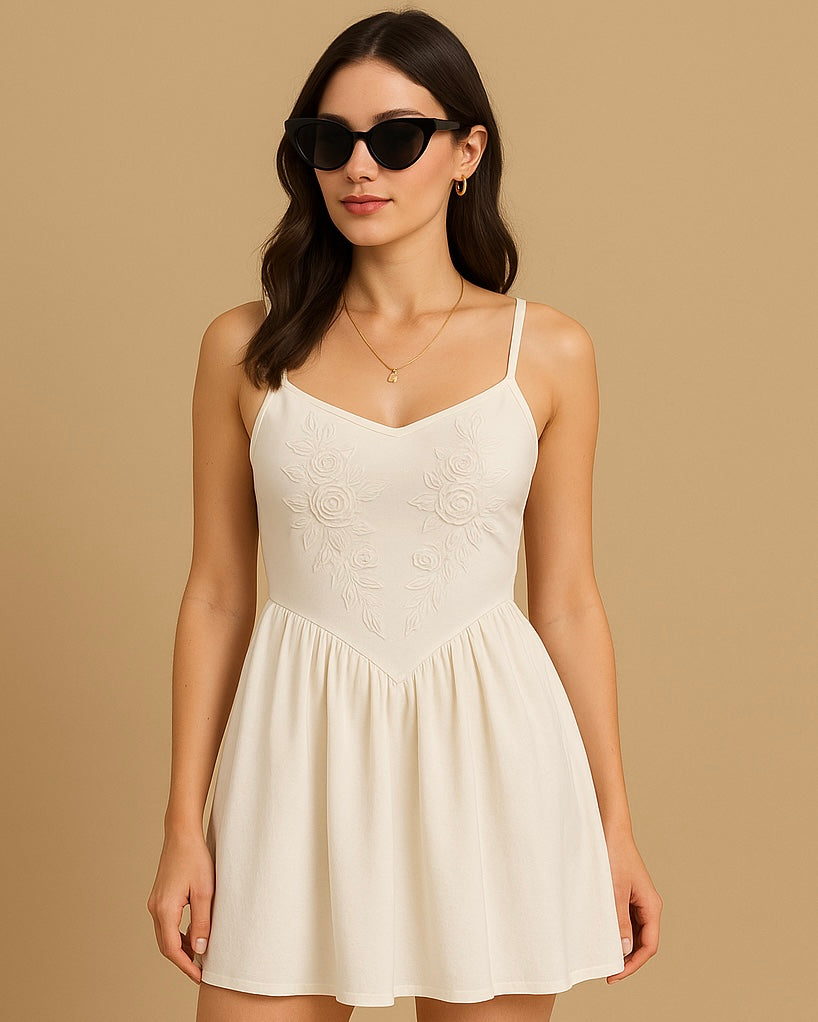 INFATUATED WHITE APPLIQUE FLARE DRESS