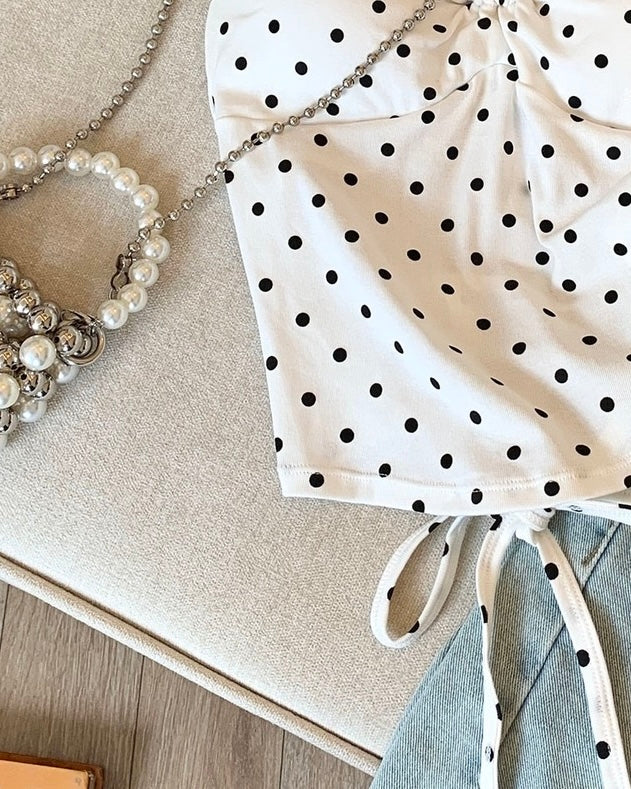 PALM SPRINGS PADDED CROSSBACK WHITE POLKA TOP