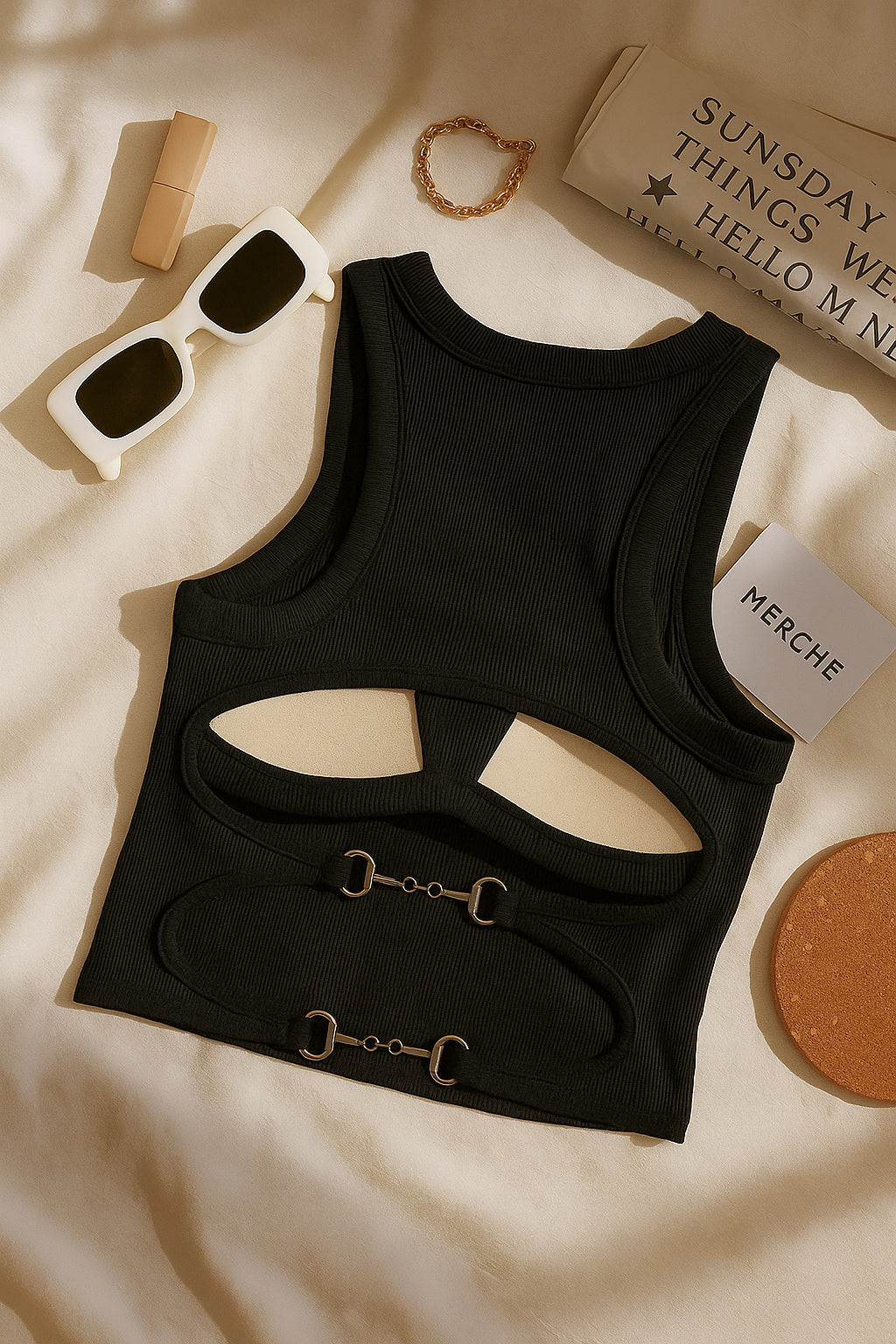COFFEE HANGS PADDED BUCKLE BLACK TANK TOP