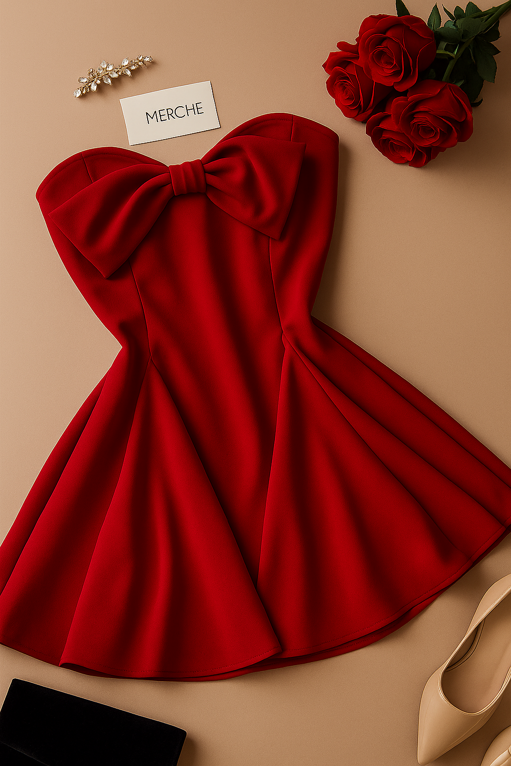 PRIVATE SOIREE LUXE RED BANDEAU FLARE DRESS