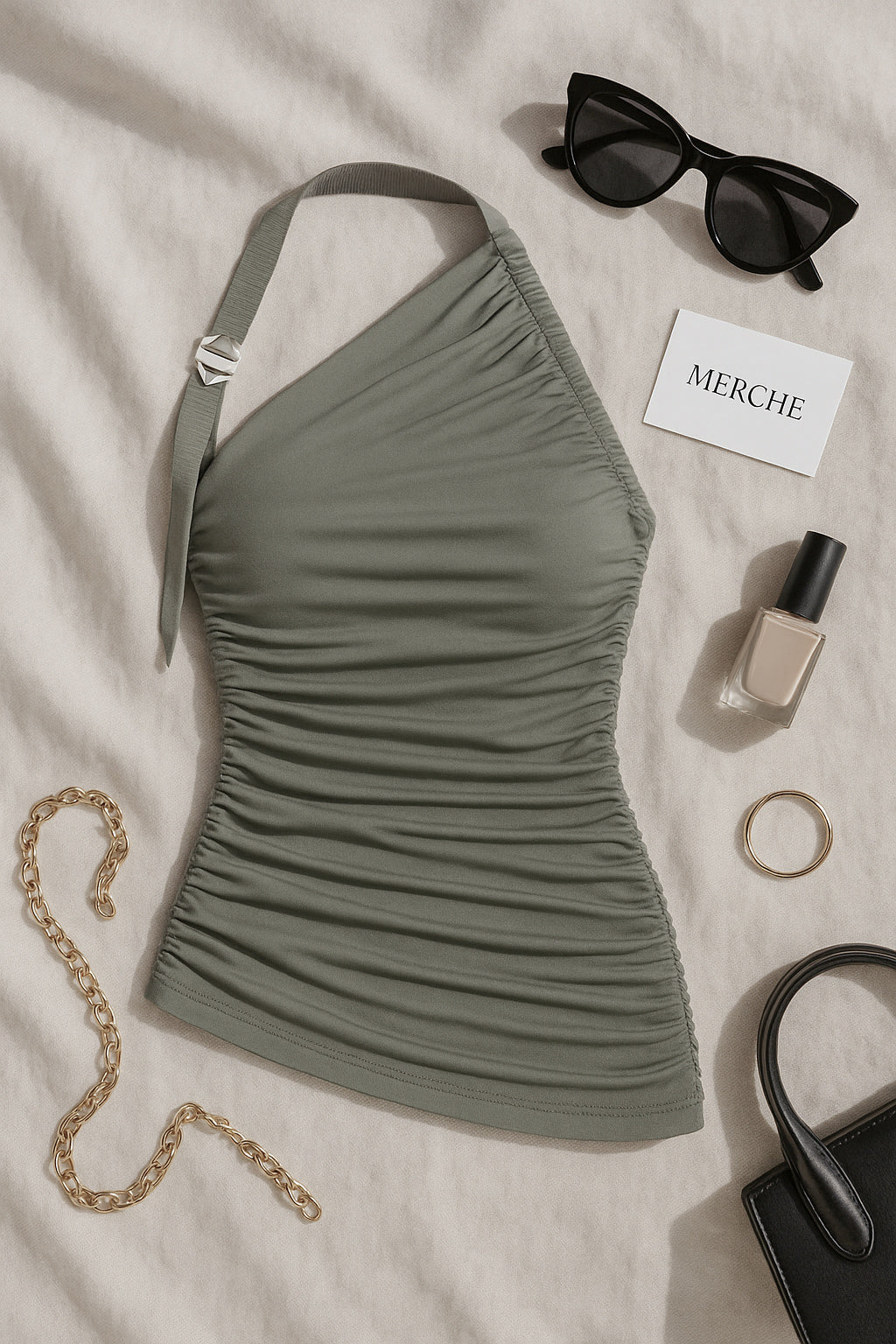 BE MY LOVE BUCKLE RUCHED HALTERNECK TOP