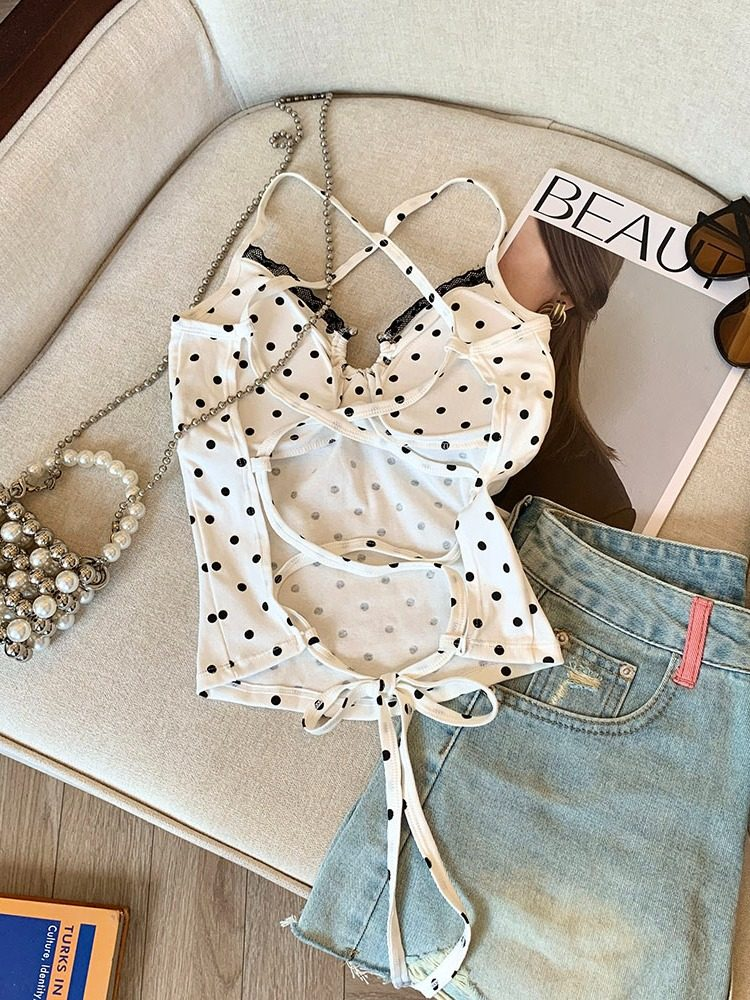 PALM SPRINGS PADDED CROSSBACK WHITE POLKA TOP