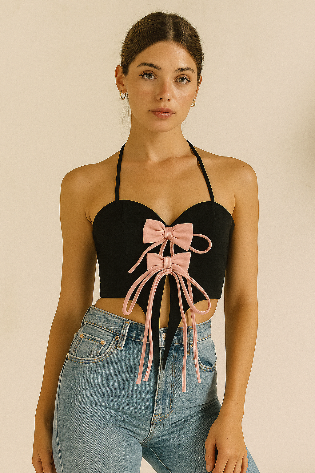 MODERN LOVE BOW EMBELLISHED HALTERNECK TOP