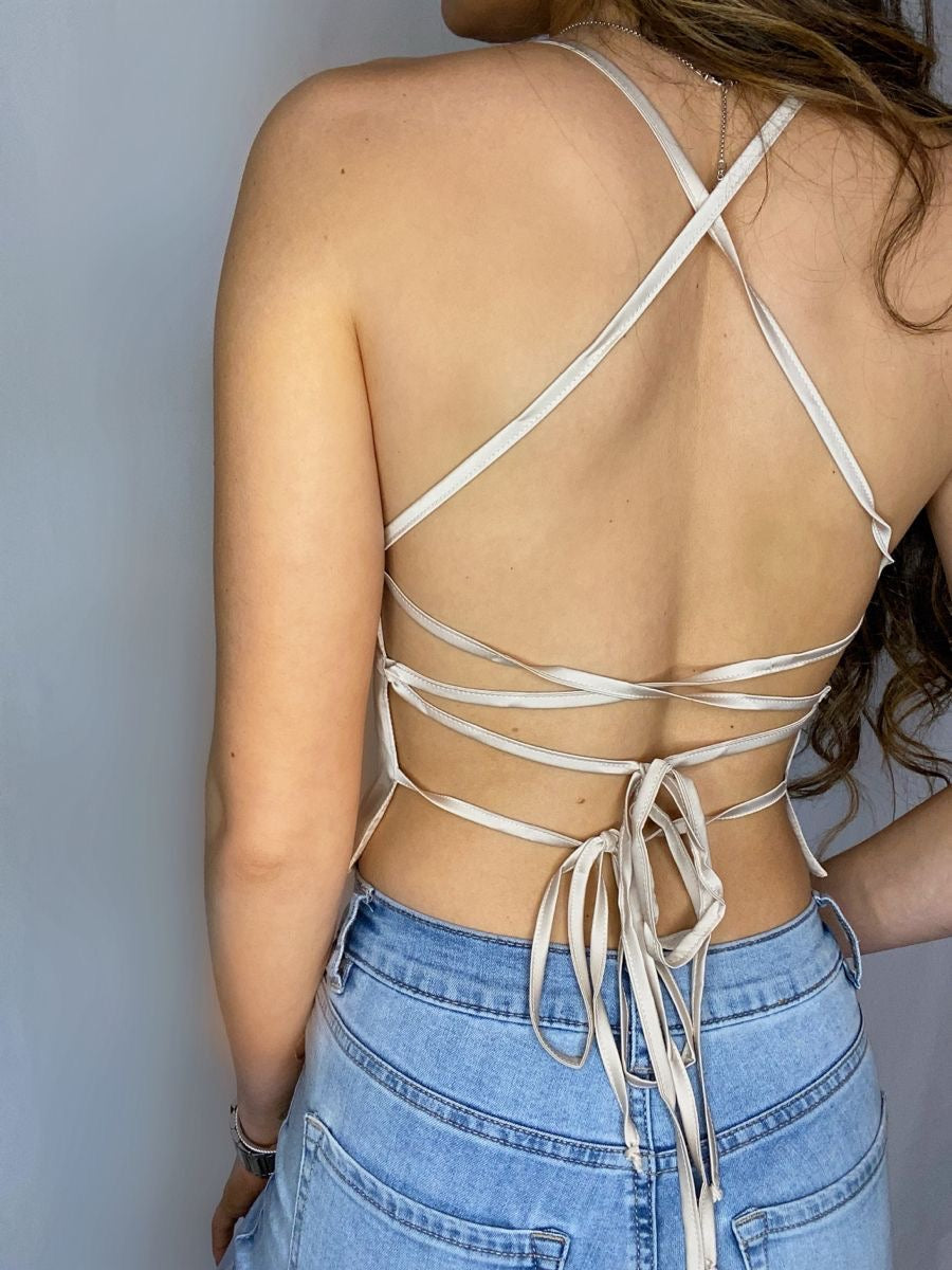 HEADING DOWNTOWN SATIN CROSS-BACK TOP