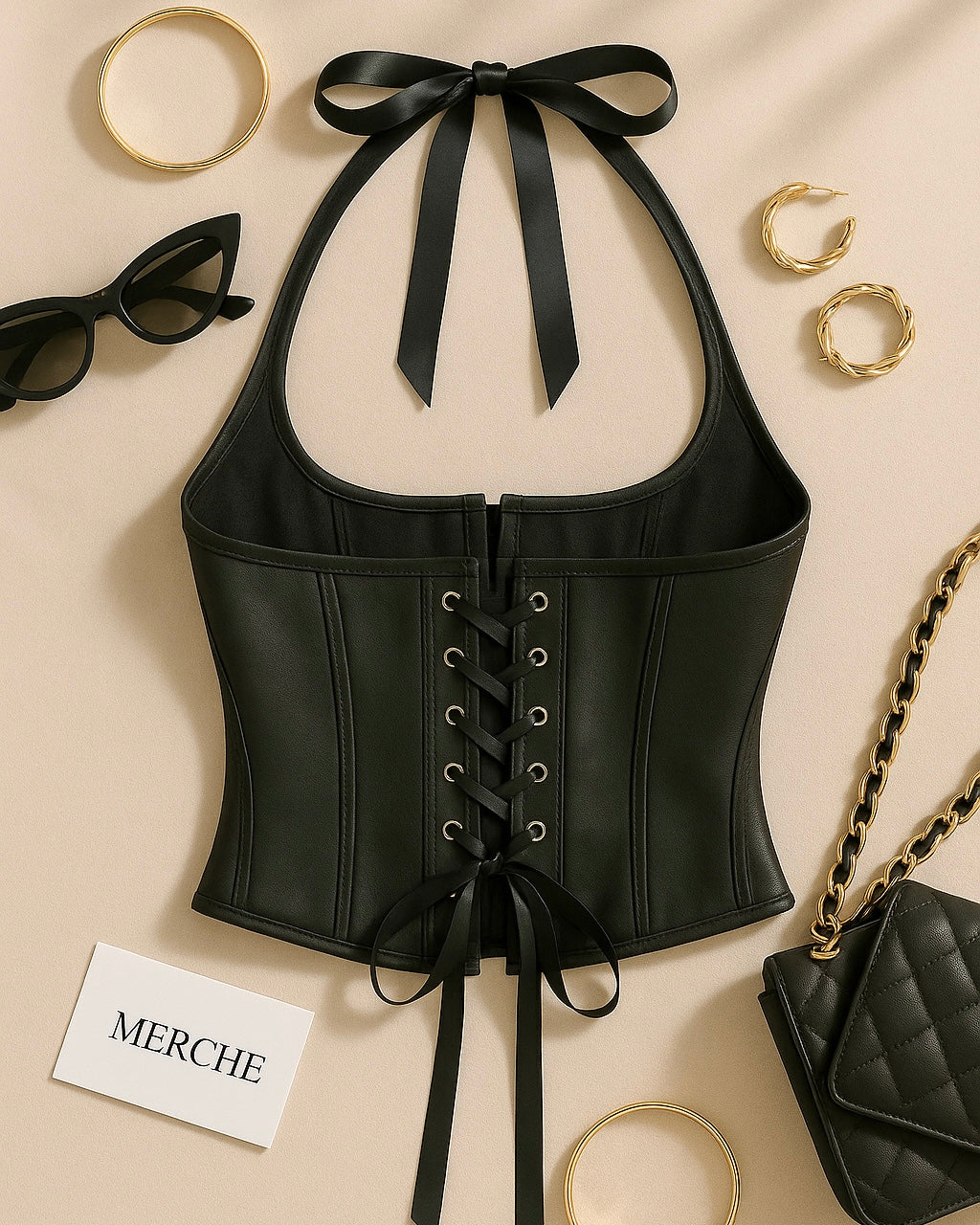 BAY OF GLAM BONING DETAIL CORSETRY HALTERNECK TOP