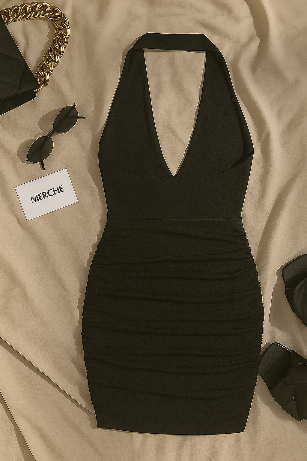 WORLD WANDERER BLACK RUCHED HALTERNECK DRESS