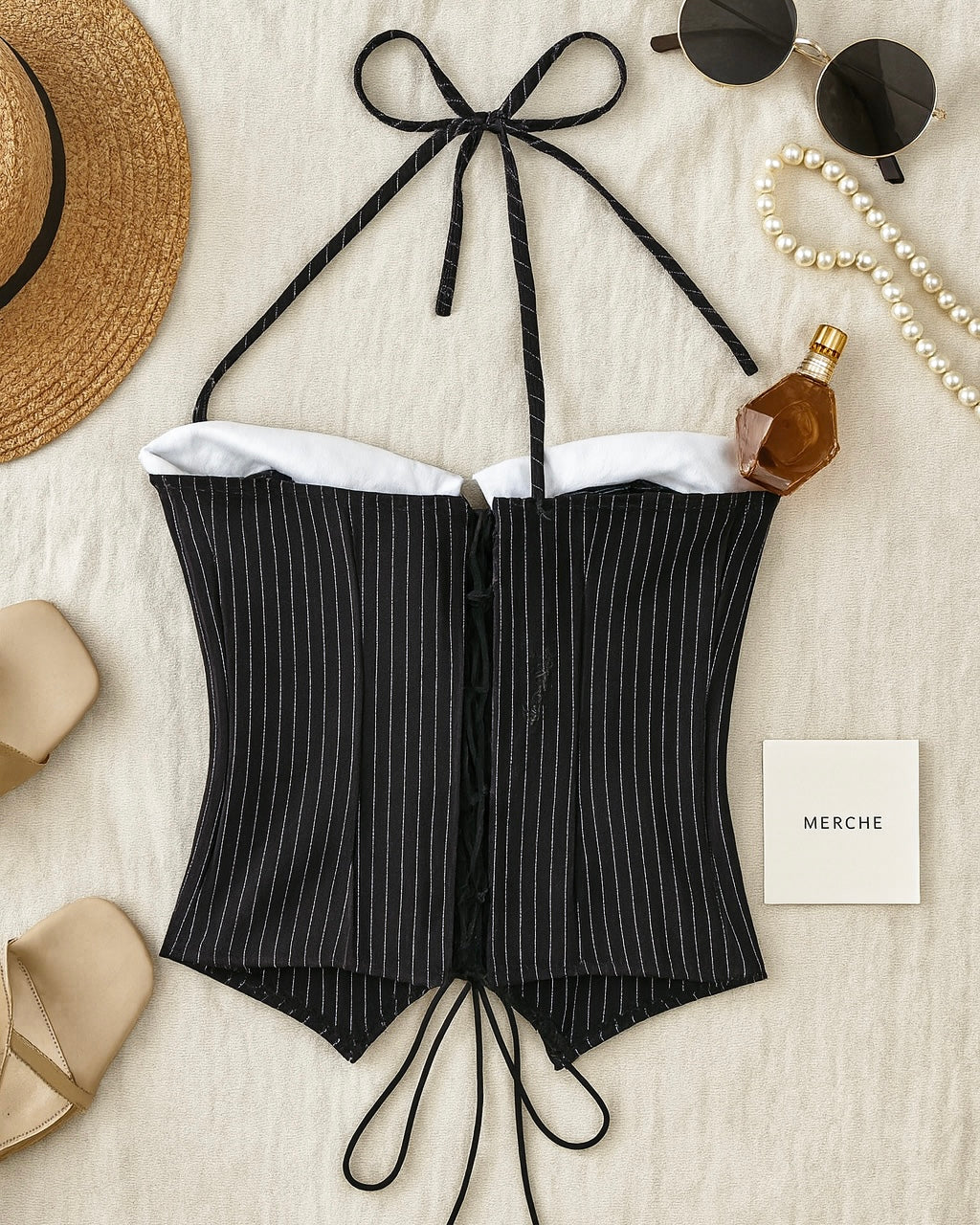 COMMAND THEM PINSTRIPE LUXE CORSETED HALTERNECK TOP