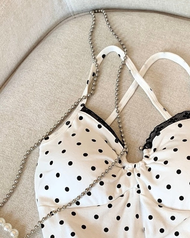 PALM SPRINGS PADDED CROSSBACK WHITE POLKA TOP