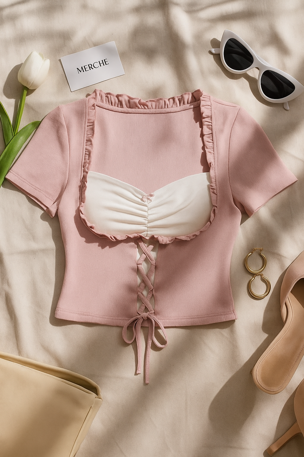 CUTE MUSE PINK LACE-UP TOP