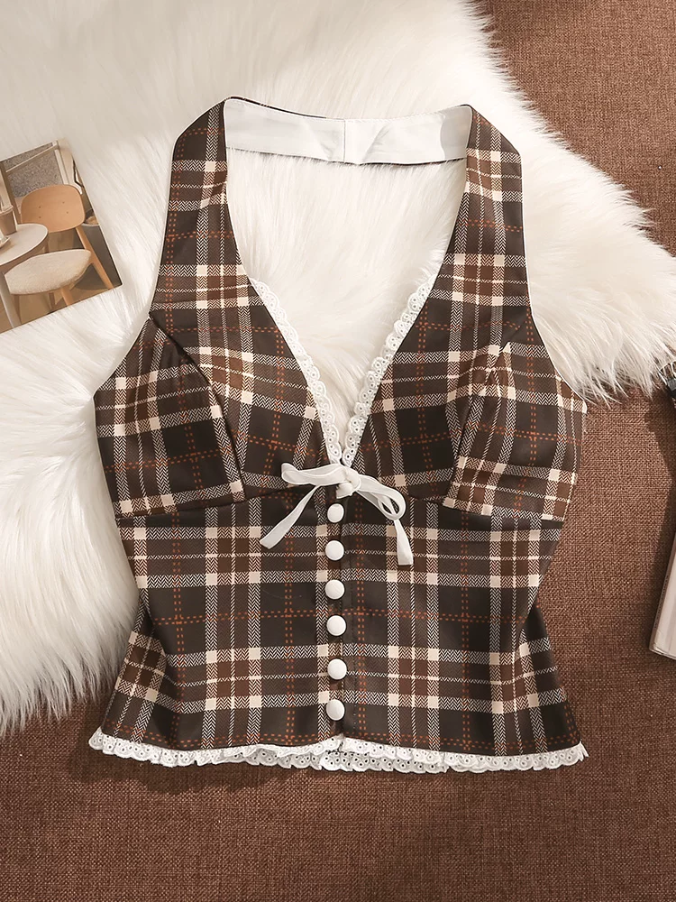 SUNDAY CHARM CHECKS HALTERNECK TOP