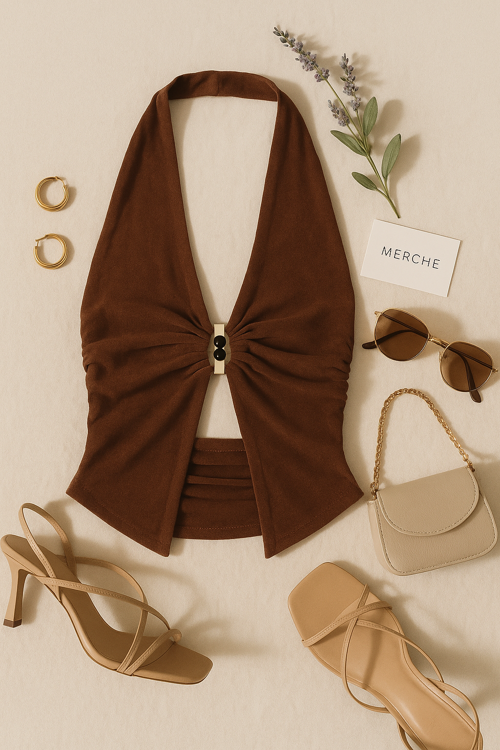 OFFSTAGE GLAM BEADED BROWN HALTERNECK TOP