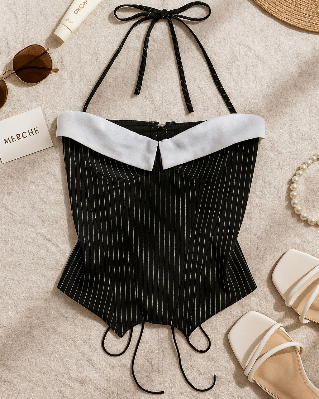 COMMAND THEM PINSTRIPE LUXE CORSETED HALTERNECK TOP