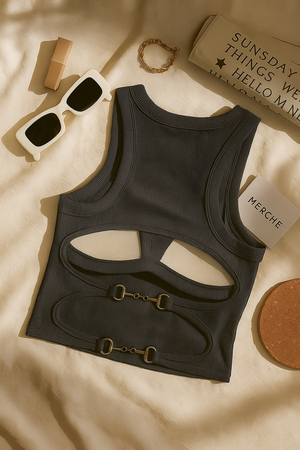 COFFEE HANGS PADDED BUCKLE GREY TANK TOP
