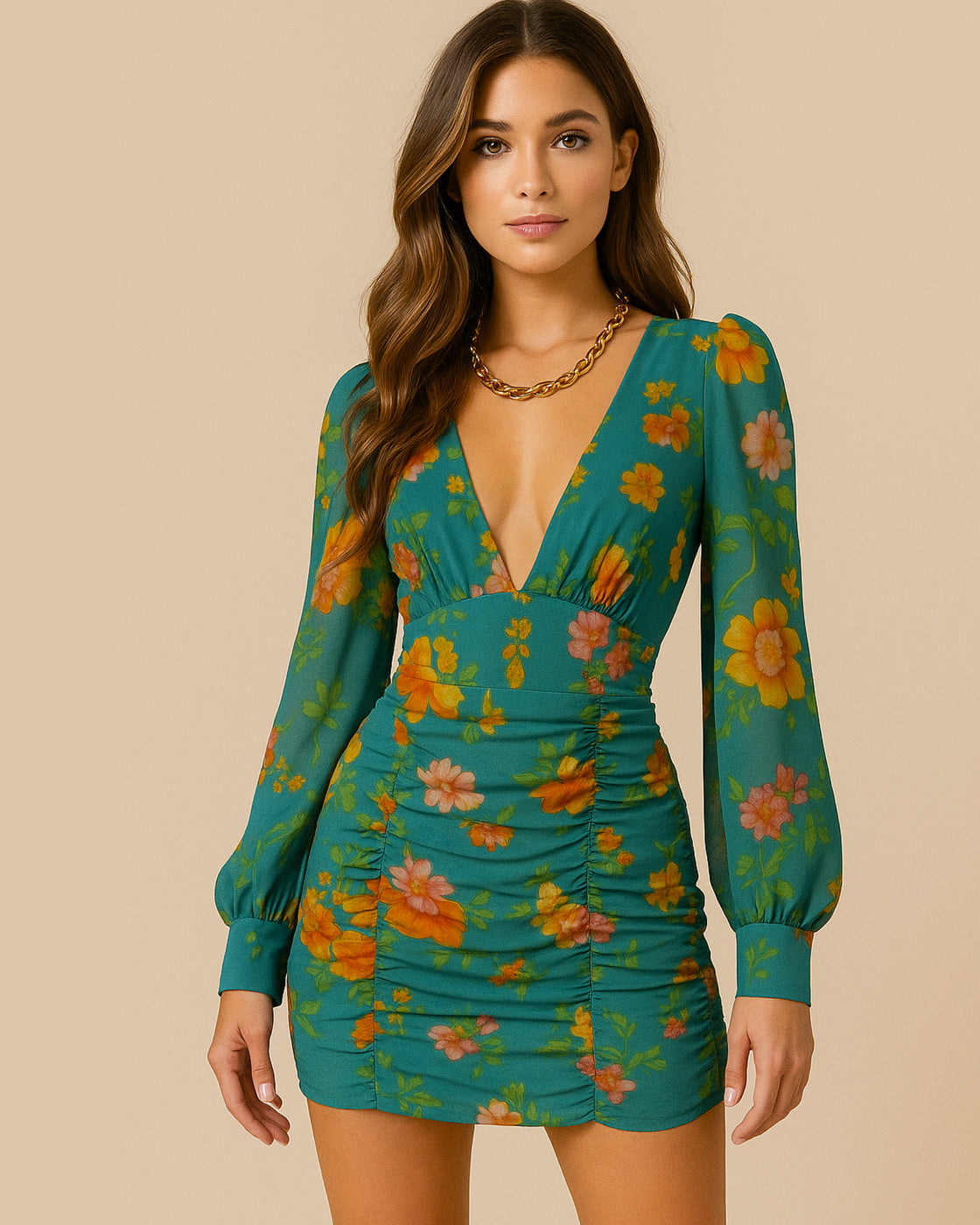 VACAY DAME FLORAL RUCHED LUXE DRESS