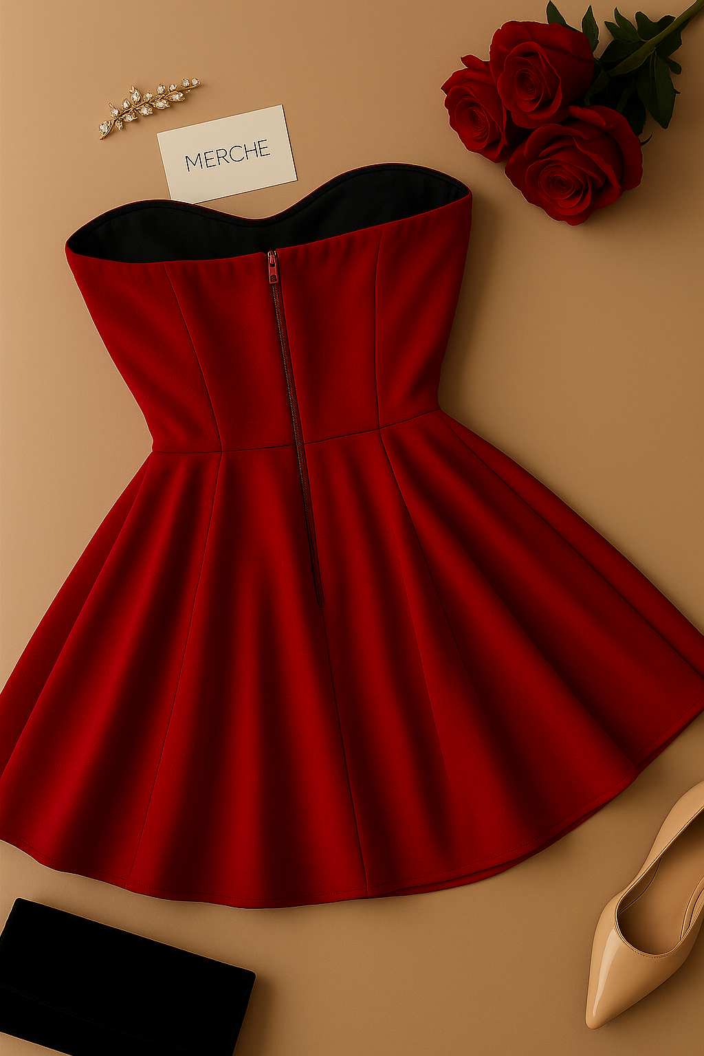 PRIVATE SOIREE LUXE RED BANDEAU FLARE DRESS