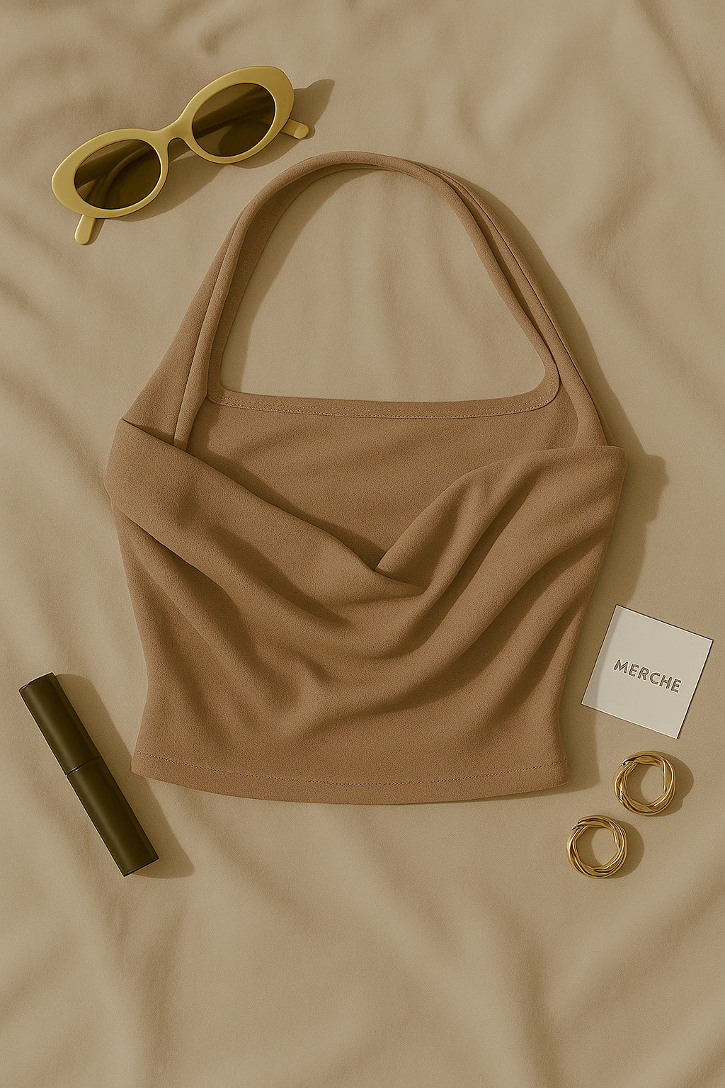 OCEAN VIEW BEIGE COWL HALTERNECK TOP