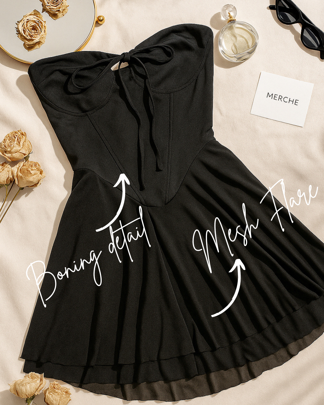 SMOKE AND STILETTO BONING MESH FLARE BANDEAU DRESS
