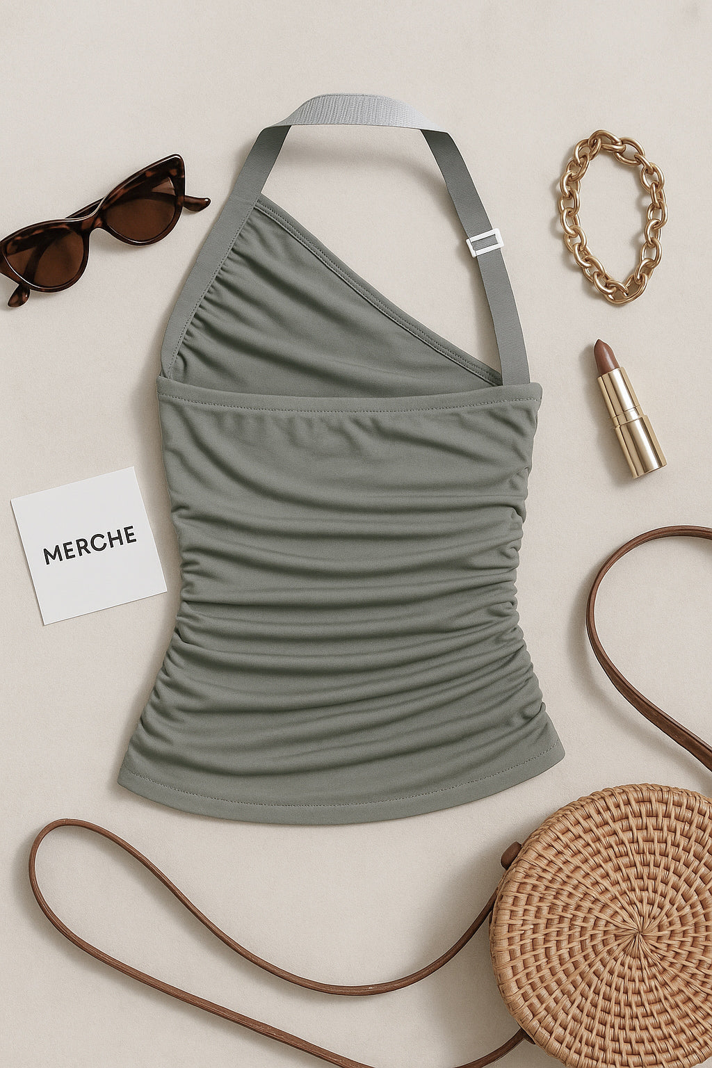 BE MY LOVE BUCKLE RUCHED HALTERNECK TOP