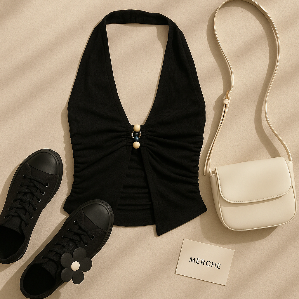 OFFSTAGE GLAM BEADED BLACK HALTERNECK TOP