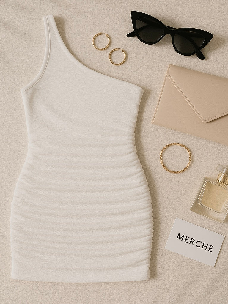 WHO IS SHE ONE-SHOULDER RUCHED MINI DRESS