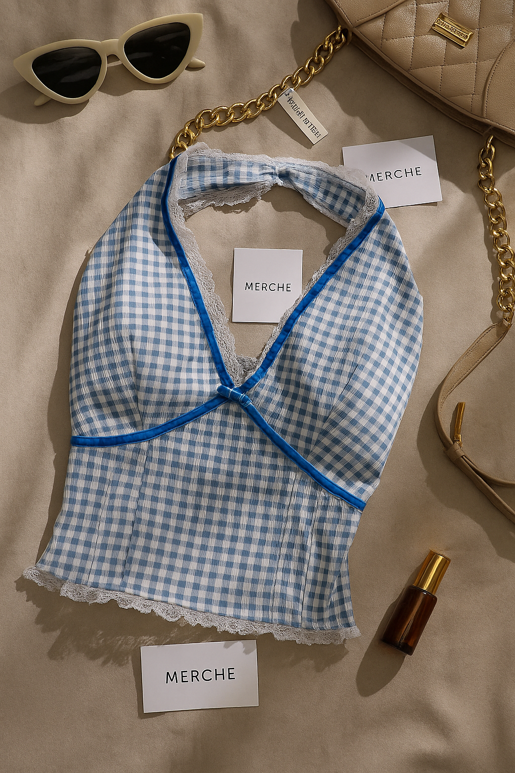 BEING NINETEEN BOW BACK CHECKS BLUE HALTERNECK TOP