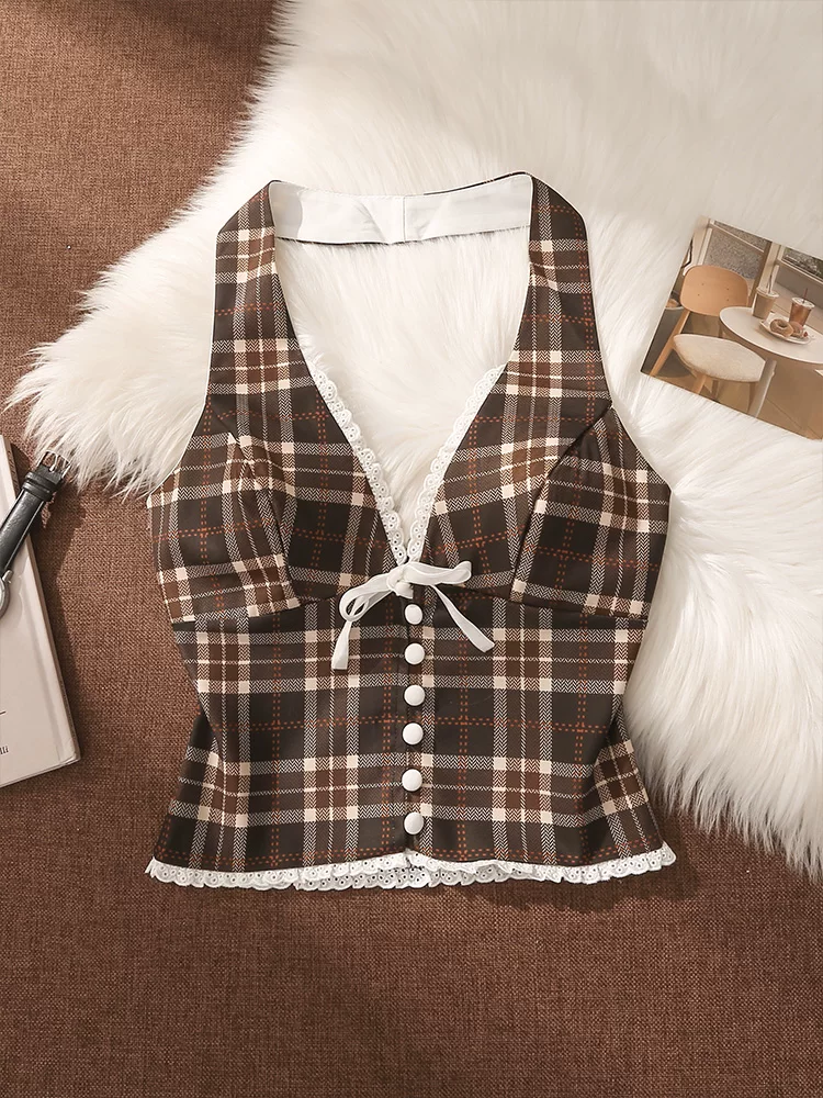 SUNDAY CHARM CHECKS HALTERNECK TOP
