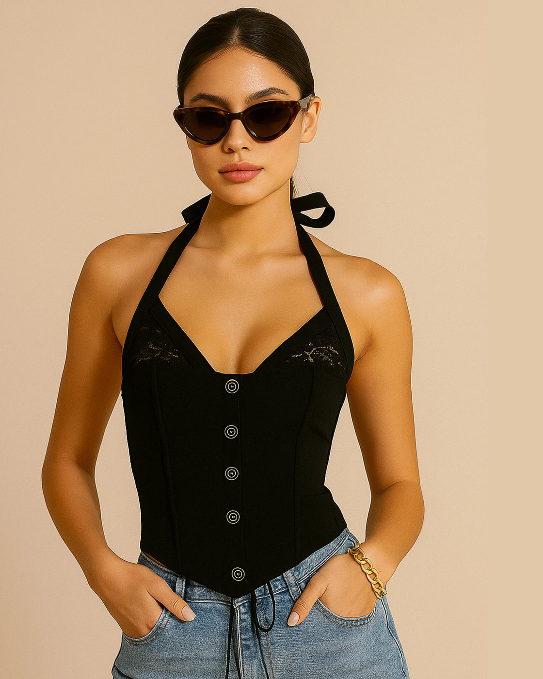 PROTEST WITH ME LUXE BLACK HALTERNECK TOP