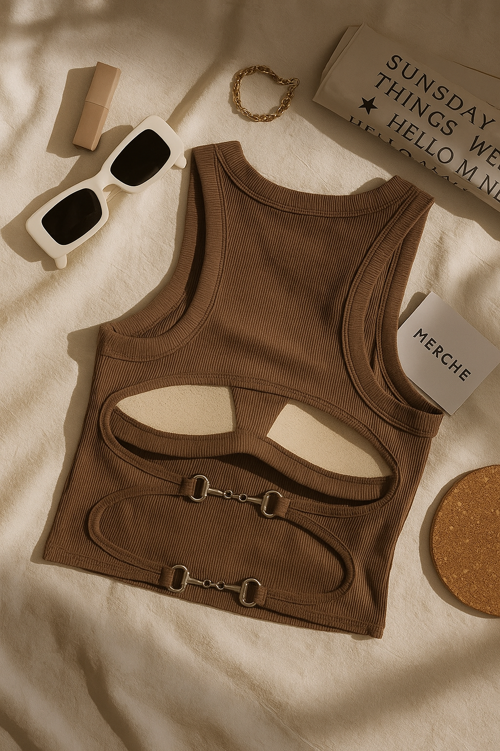 COFFEE HANGS PADDED BUCKLE BROWN TANK TOP