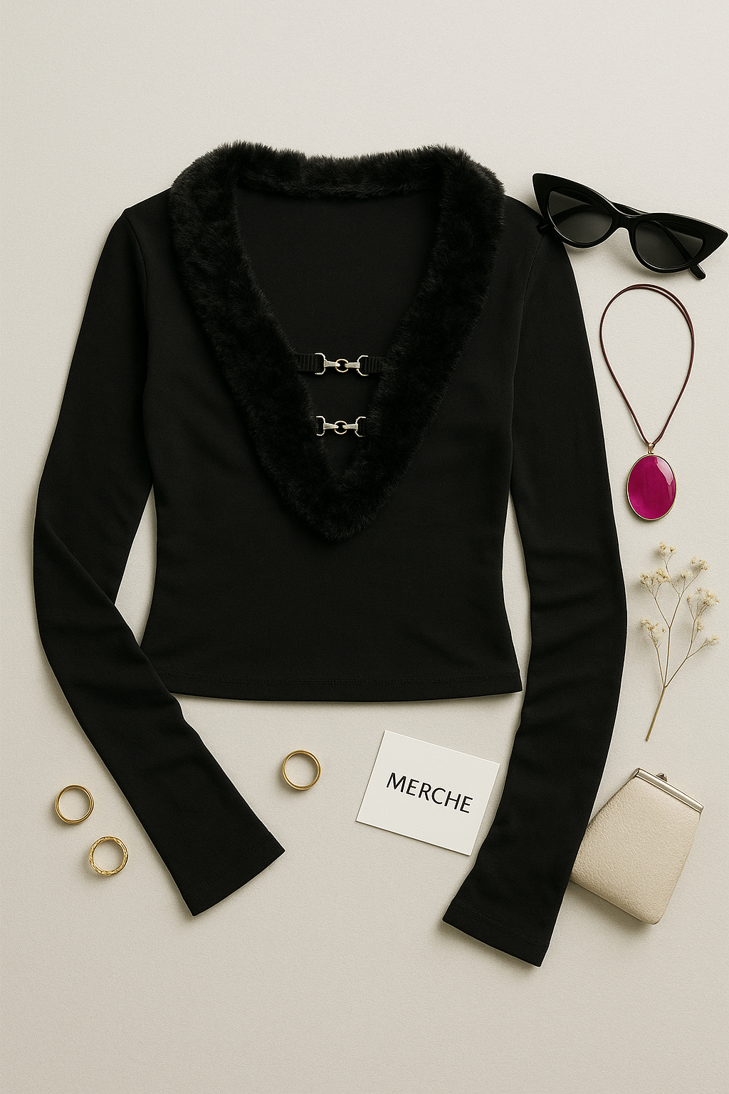 MISS EXCLUSIVE FAUX FUR DETAIL BLACK TOP