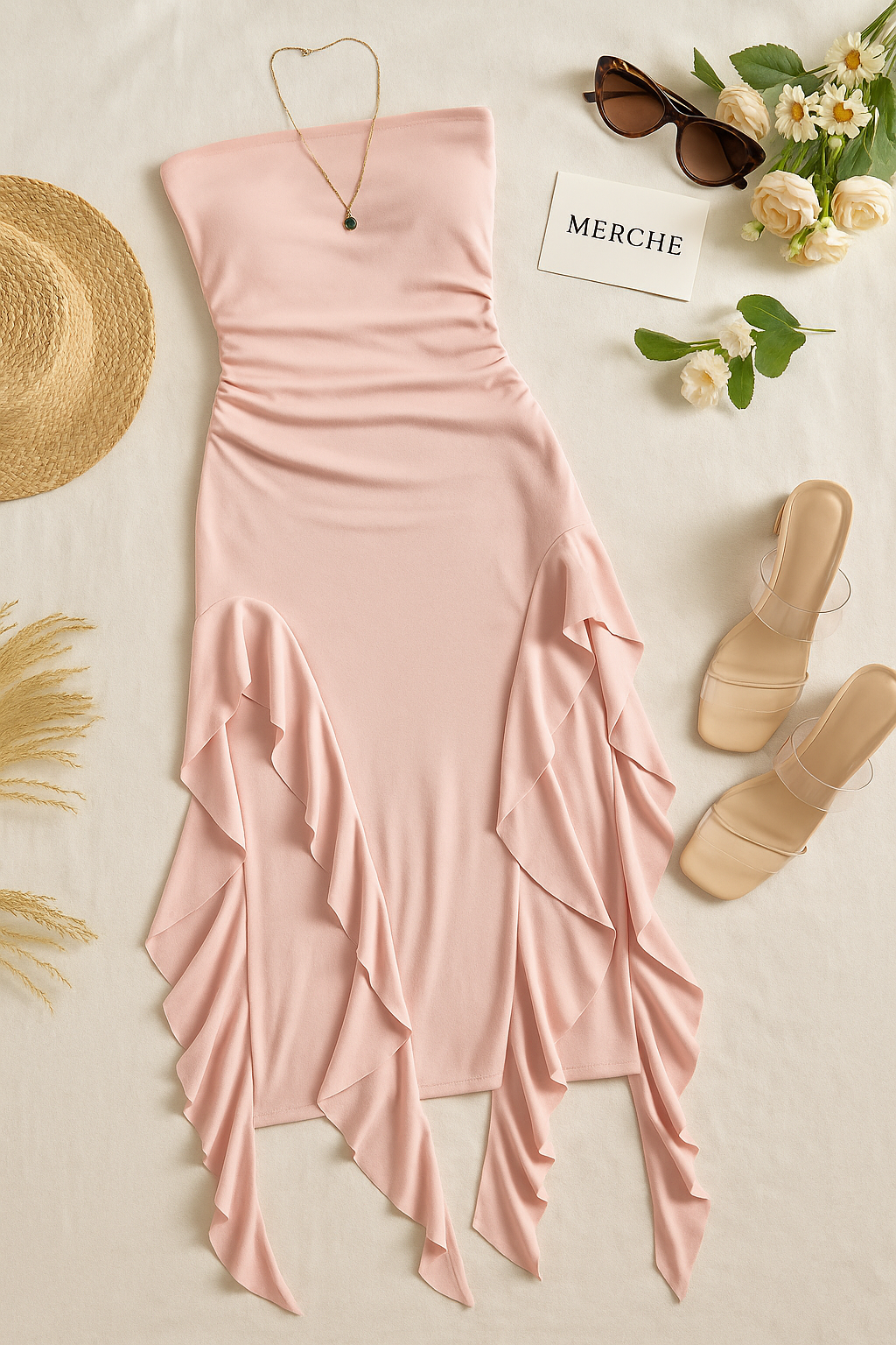POP CHAMPAGNE PINK RUFFLE DRESS