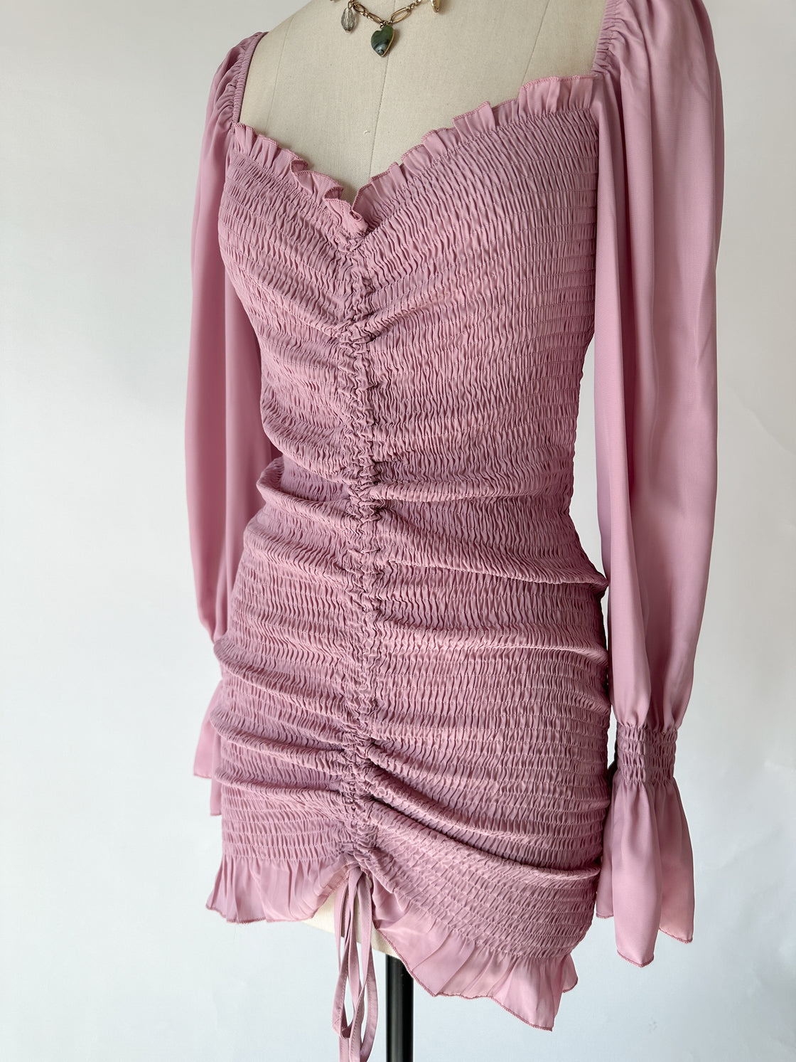 LIE AGAIN SMOCKED DUSTY ROSE DRESS