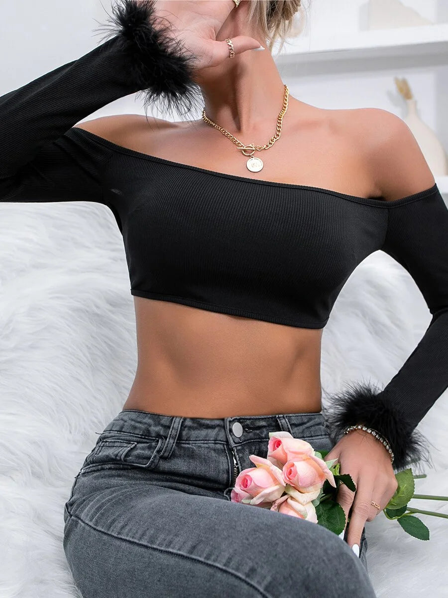 LIFE OF THE PARTY FUR DETAIL OFF-SHOULDER TOP