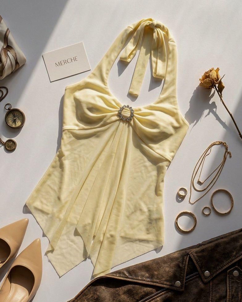 FIRST DATE DIAMOND BROOCH MESH DETAIL BUTTER YELLOW HANDKERCHIEF TOP