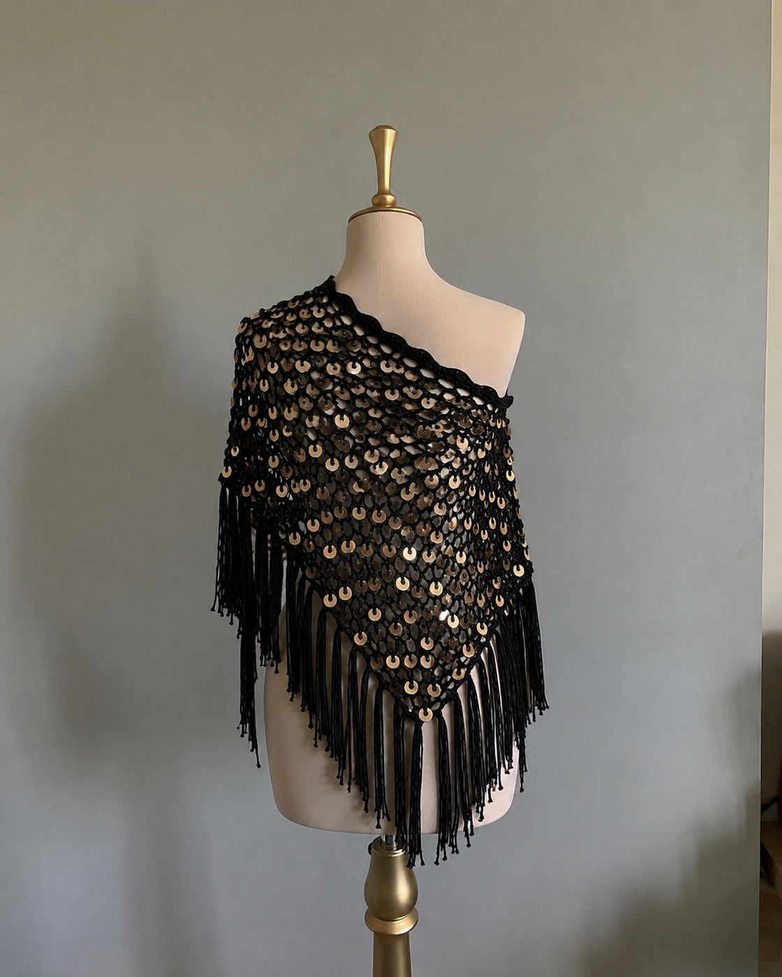 COACHELLA FIT SEQUIN EMBELLISHED KNITTED BLACK PONCHO TOP