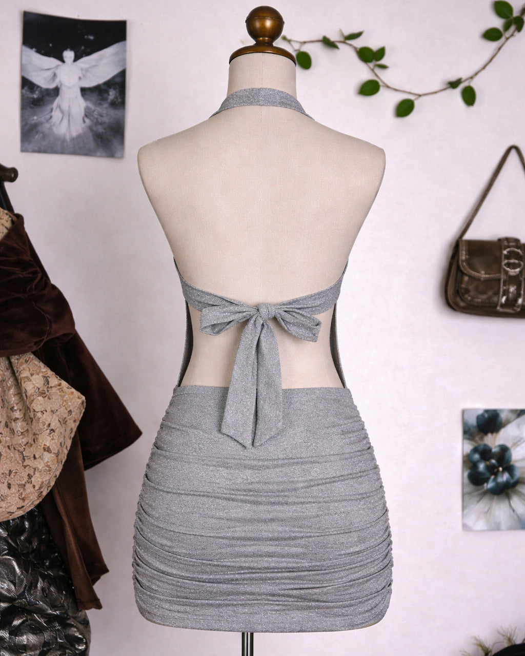 SHE’S A LEGEND SEQUIN DETAIL GREY BACKLESS HALTERNECK DRESS