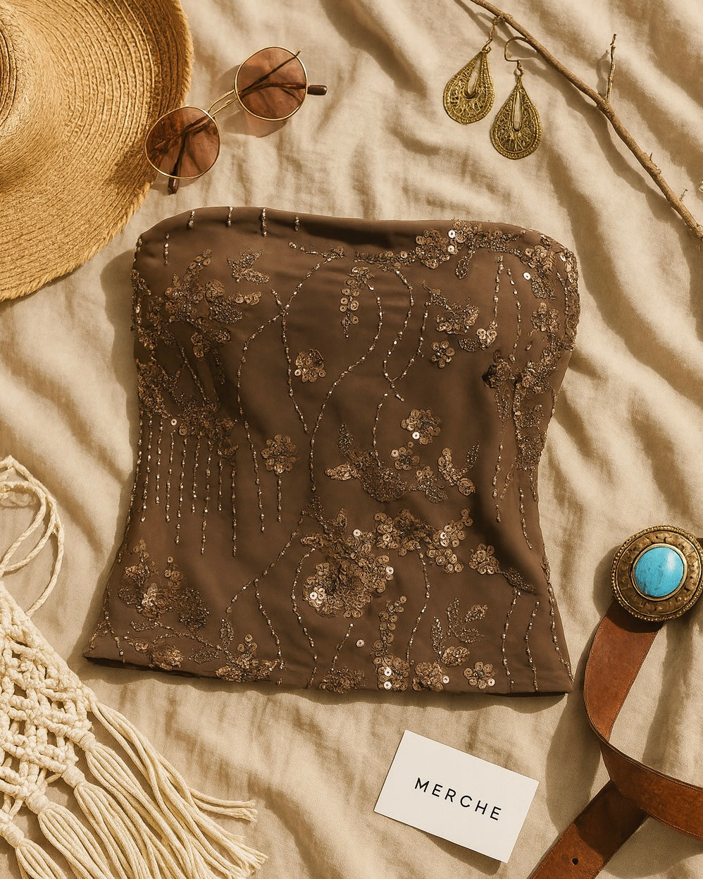 HAUTE KISS EMBROIDERED BROWN BANDEAU TOP