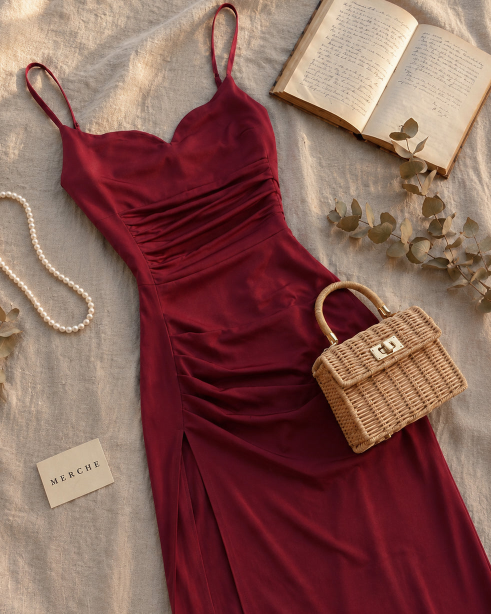 POSH MOVES LUXE SATIN RUCHED SIDE-SLIT RICH RED MIDI DRESS