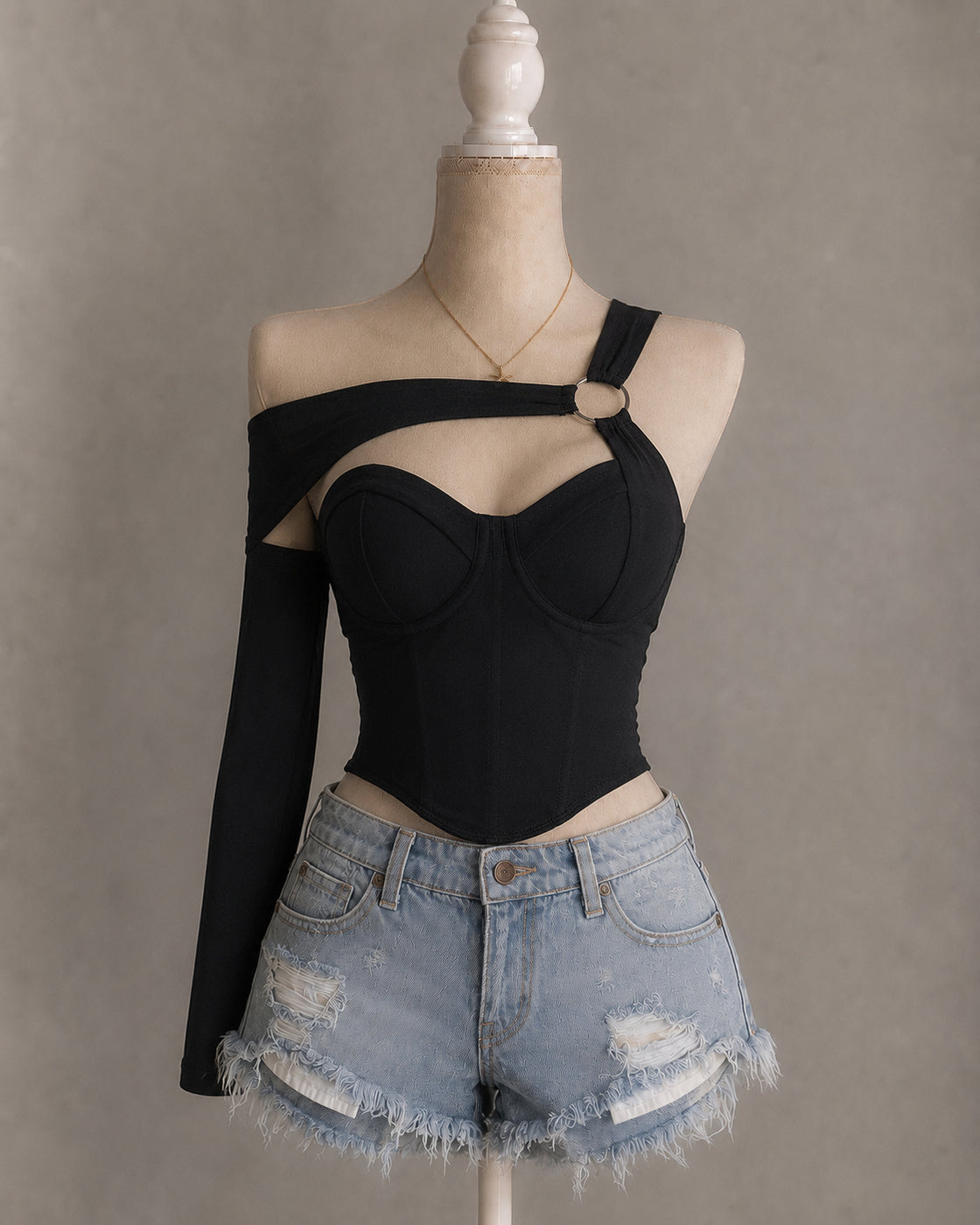 STAY SINGLE ASYMMETRICAL CORSETED BLACK TOP