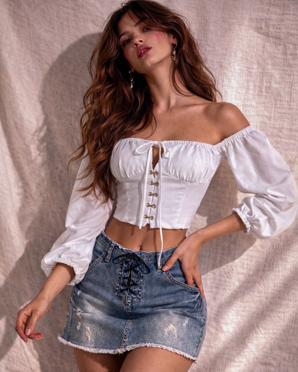 TOTAL KNOCKOUT OFF-SHOULDER HOOK-EYE WHITE TOP