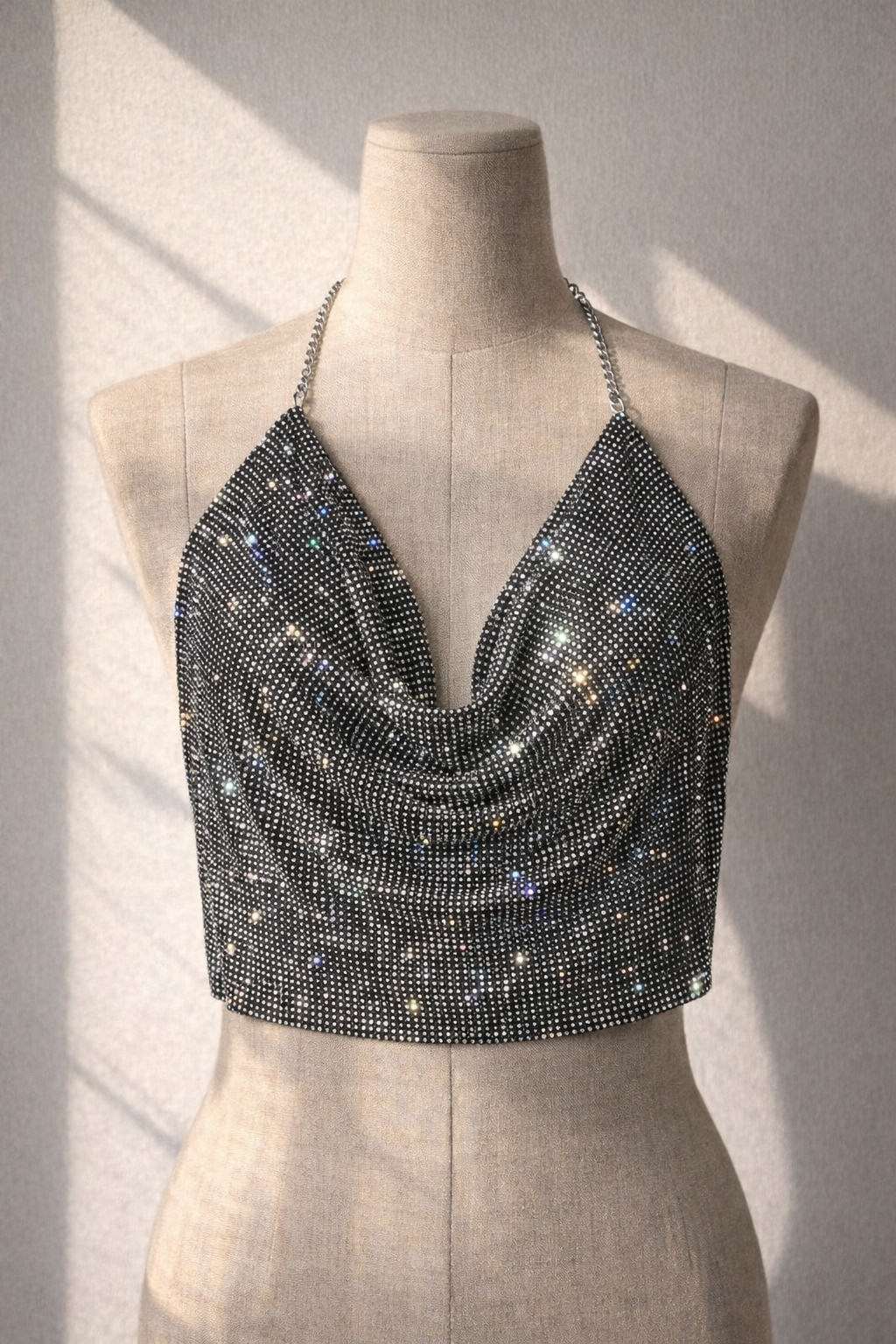 BEAT DROP METAL GREY RHINESTONE  HALTERNECK CHAIN TOP