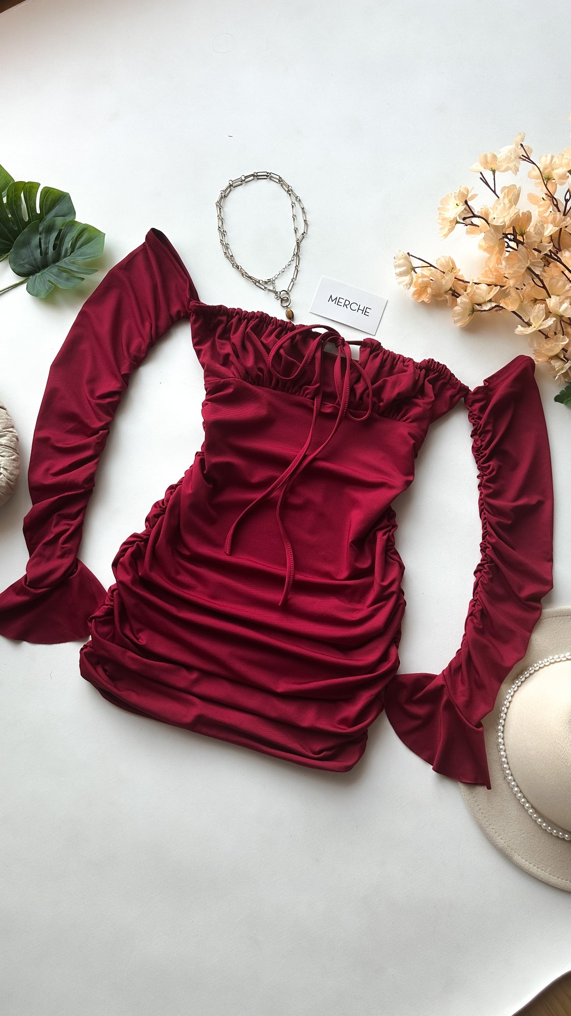 SUNSET MEMORY MAROON SLASH NECK DRESS