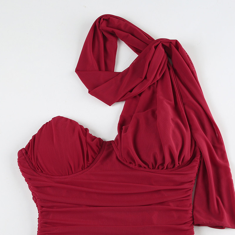 STARRY NIGHT LUXE MESH BONING ATTACHED SCARF RED BUSTIER TOP