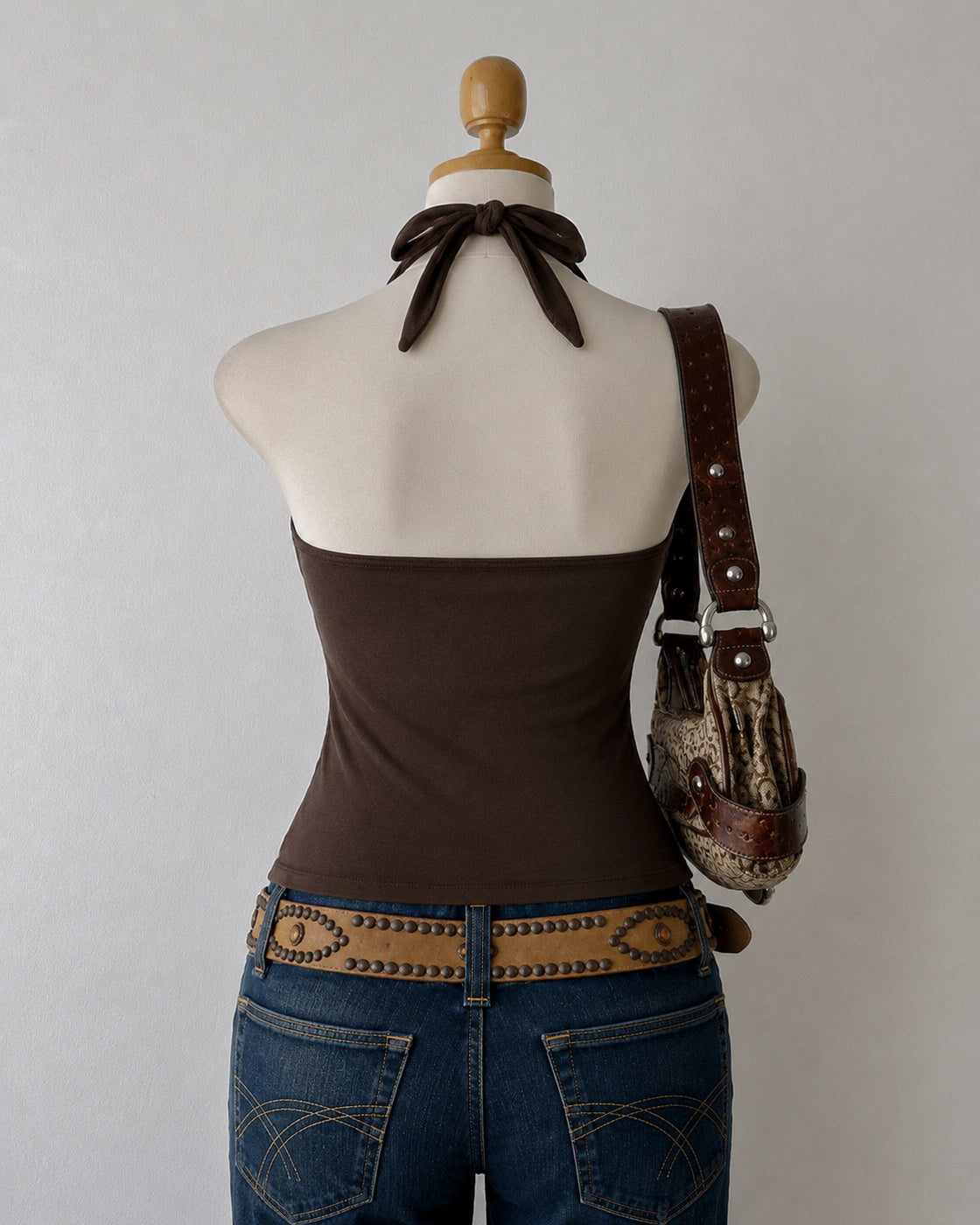 BOHO BABE EMBROIDERED BROWN HALTERNECK TOP