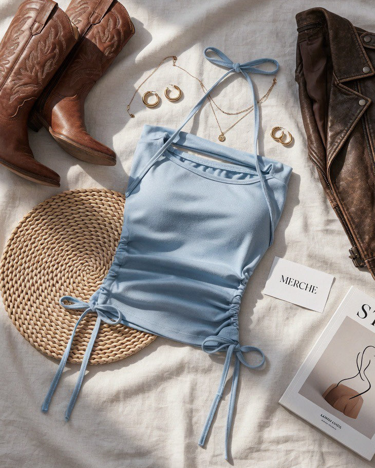 COOL MUSE SIDE CUT-OUT DRAWSTRING PADDED ICE BLUE HALTERNECK TOP