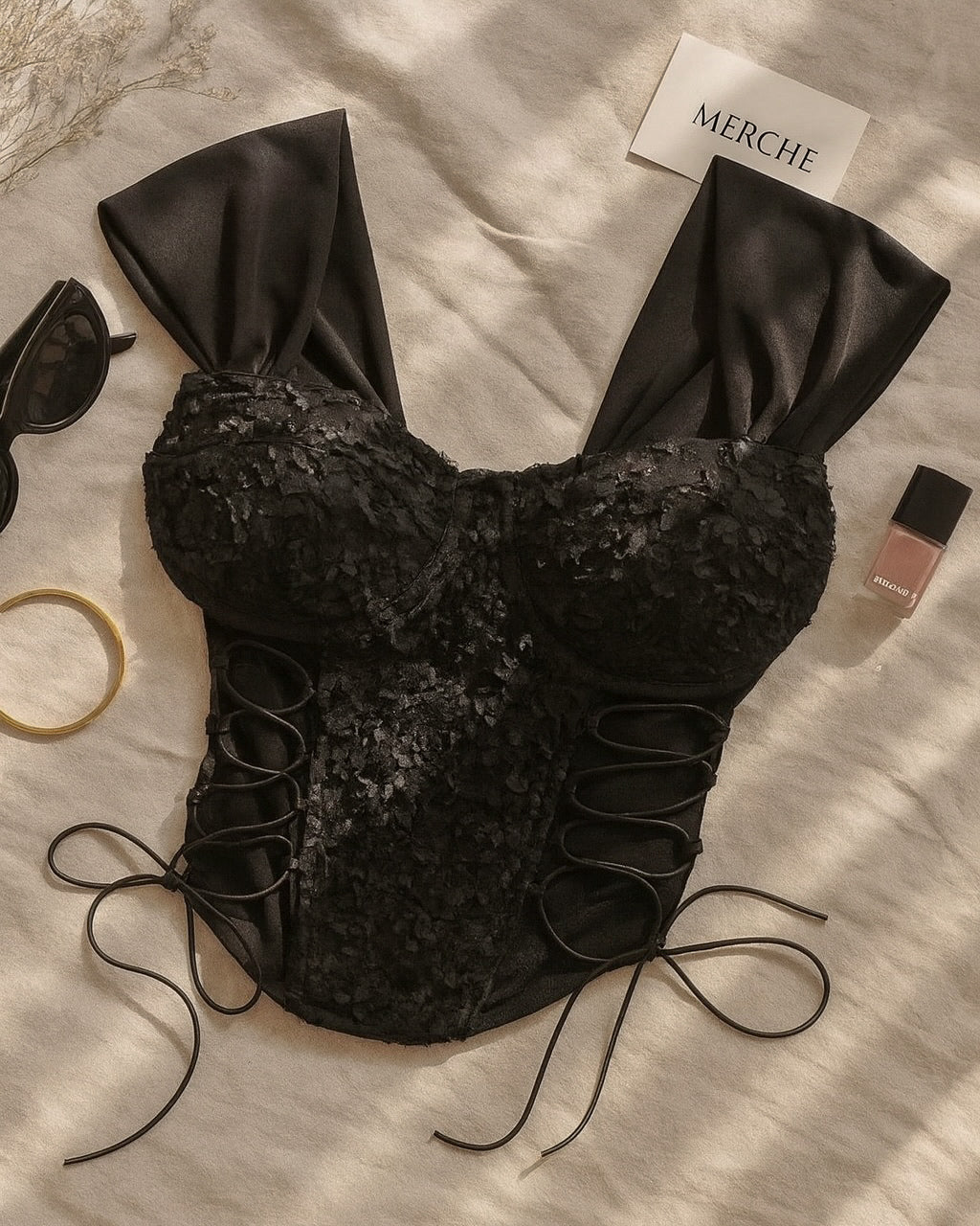SUGARPLUM APPLIQUE PADDED BLACK CAMI TOP