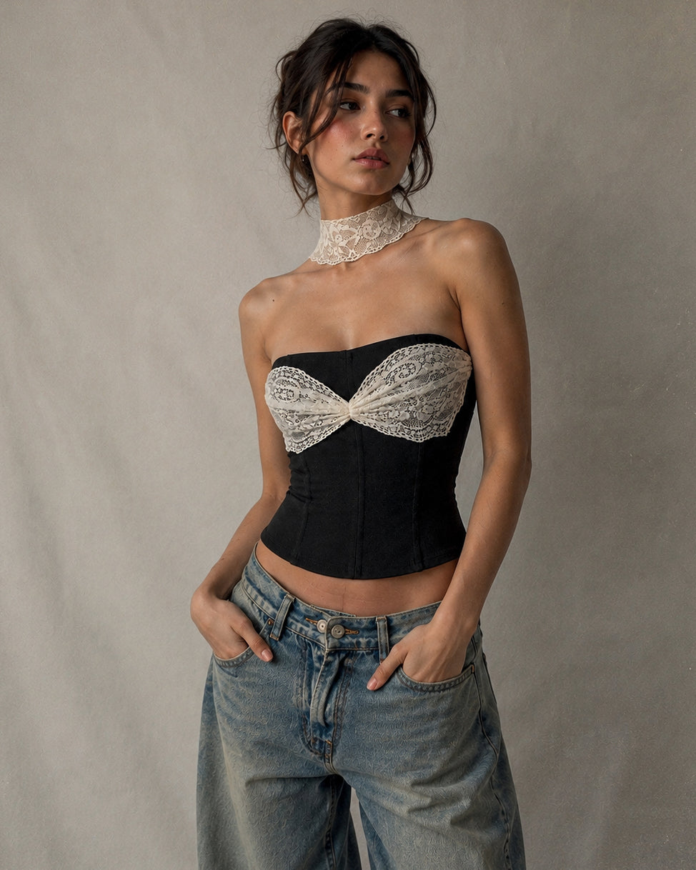 VINTAGE MAMA CHOKER LACE BACK STRAPS DETAIL BLACK TOP