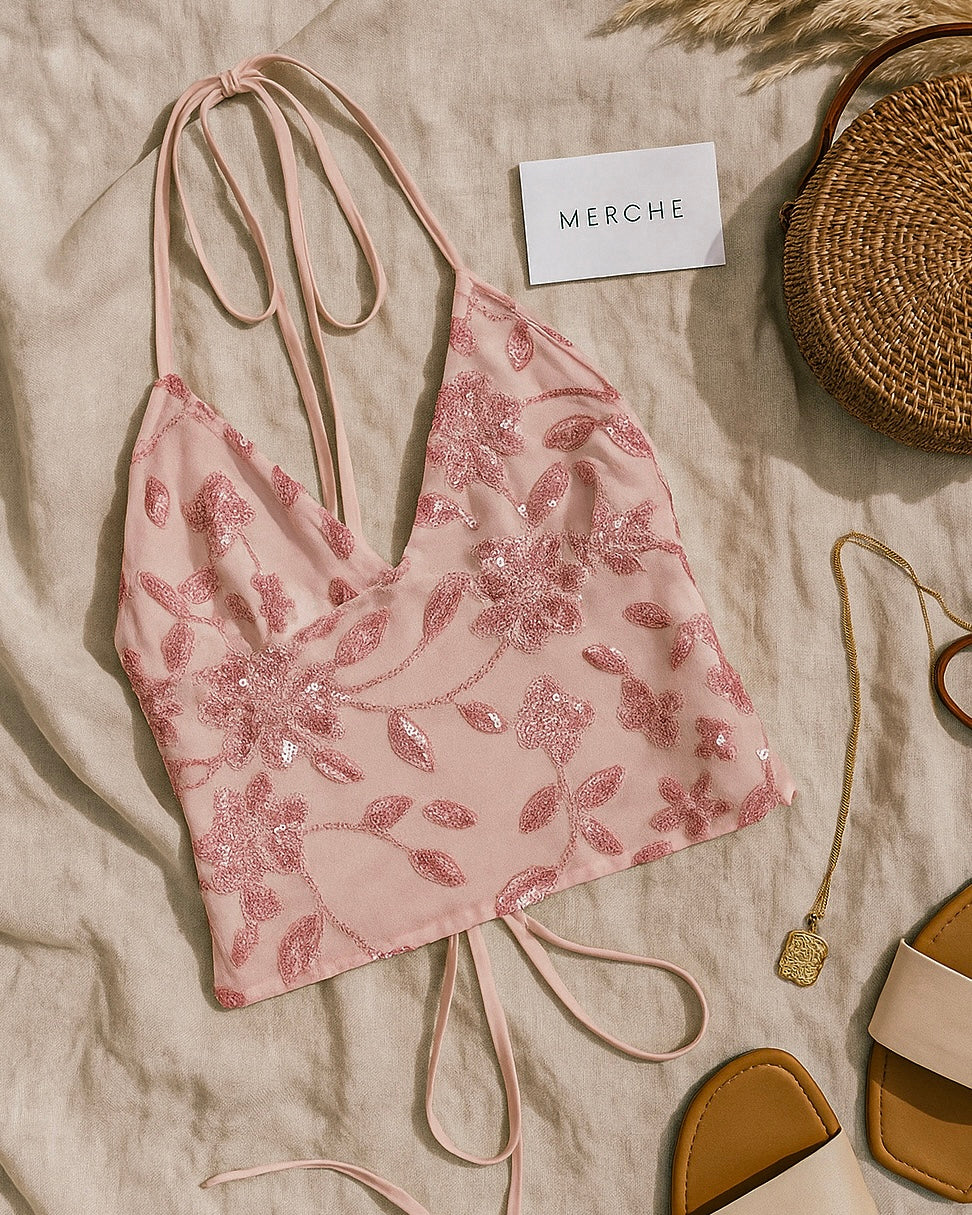 PRETTY PLEASE EMBROIDERED TIE-BACK HALTERNECK TOP